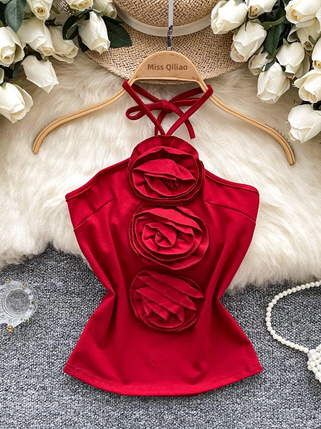 Elegant Strapless Crop Top Women Summer Floral Hanging Neck Slim Fit  Back Atmosphere Unique Small Audience Vest