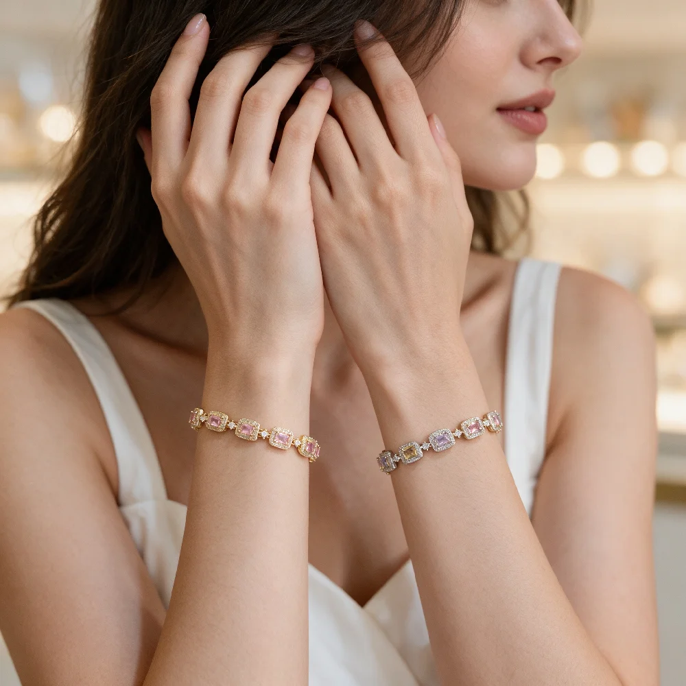 1 Set AENSOA Kupfermaterial Buntes Armband für Damen Zierliche Luxus-Zirkon-Handkette Klassisches Romantisches Schmuckgeschenk – Detail 4
