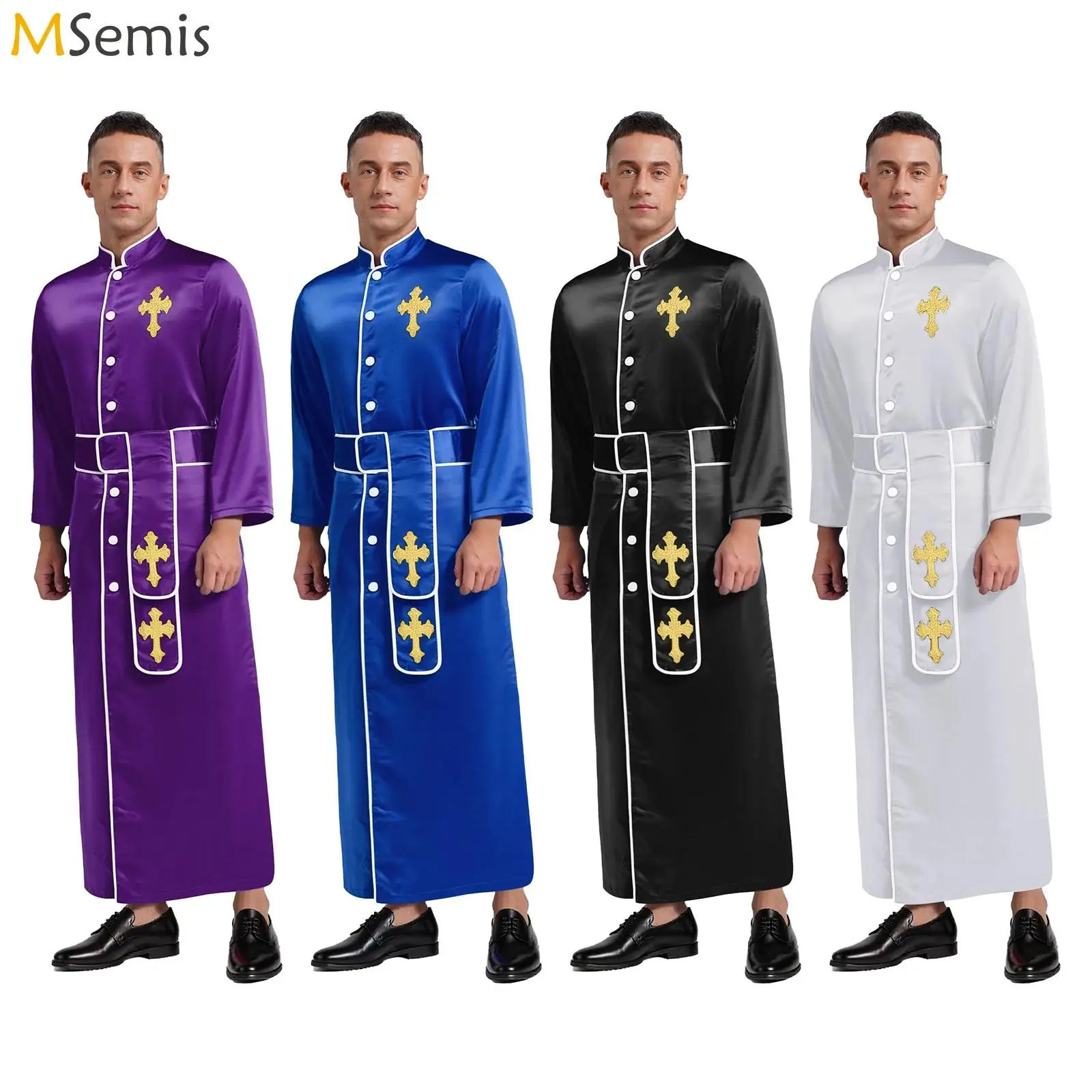 

Mens Church Choir Priest Clergy Robe with Belt Shiny Cross Embroidery Roman Cassock Halloween Minister Pastor Cosplay Costume