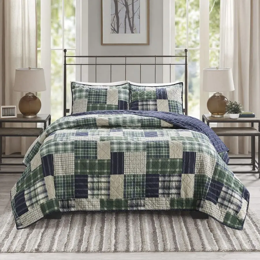 

Reversible Quilt Cabin Lifestyle Plaid Design All Season, Breathable Coverlet Bedspread Bedding Set, Matching Shams, Full Queen9