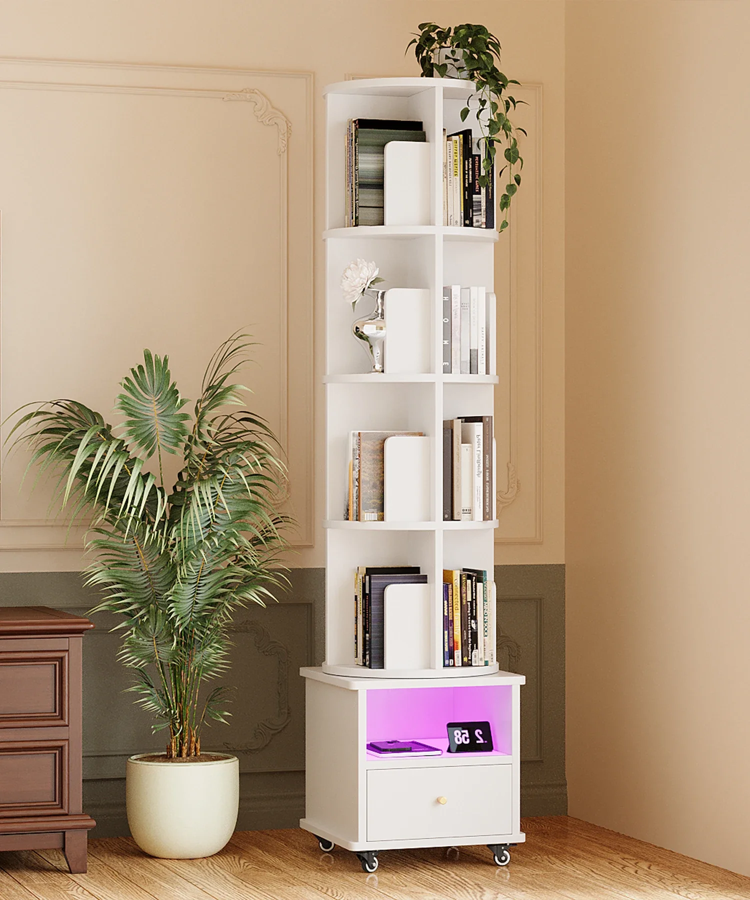 White Rotating Bookshelf Wooden Bookshelf With Wheels Bluetooth LED Strip Bookshelf Mobile Bookshelf For Study Room Living Room