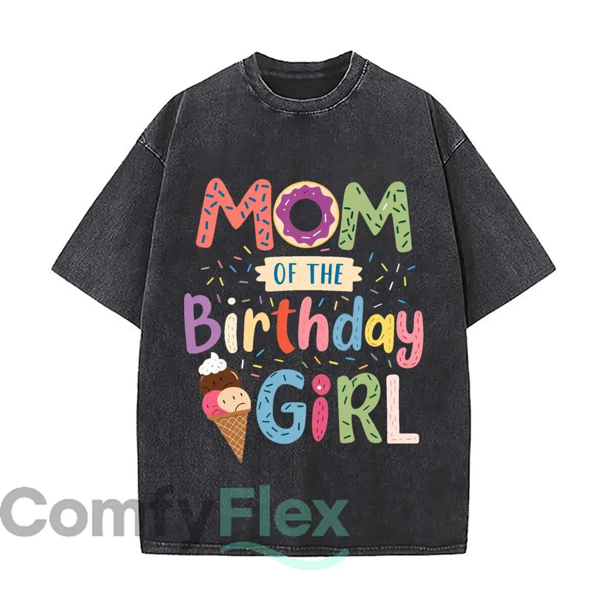 Mom Of The Birthday Girl Donut Ice Cream Graphic Vintage Distressed Loose Streetwear Tops for Campus Days