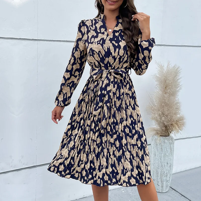 

Elegant Summer Slim Fits Big Swing Long Maxi Dress Floral Chic Retro Autumn Basic Leopard Print Long-sleeved Dress