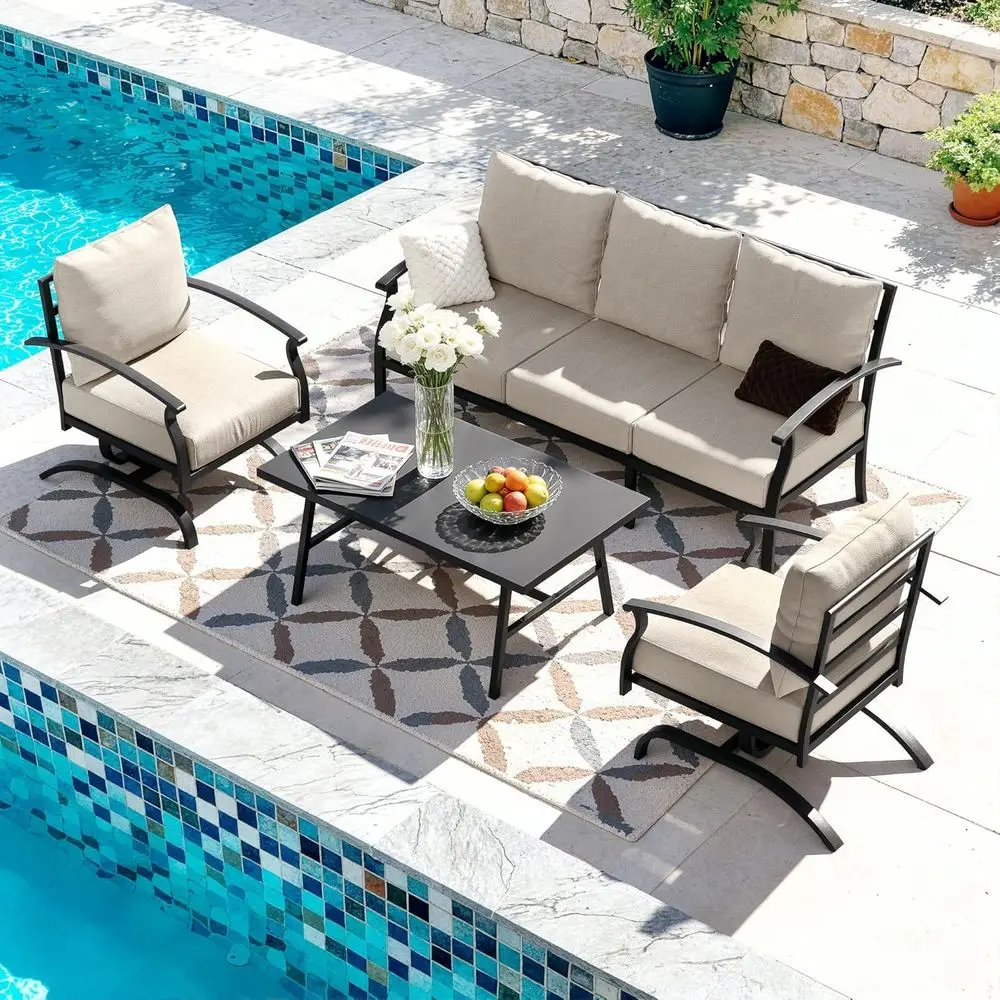 

4-Piece Metal Outdoor Patio Furniture Set: Weather-Resistant Wicker with 3-Seater Sofa, 2 Chairs, and Coffee Table for Balcony o