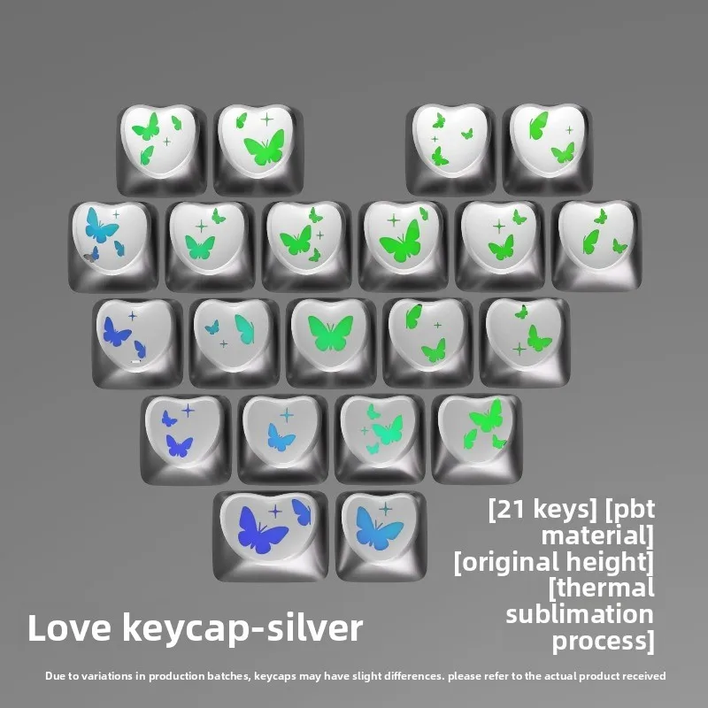 Silver butterfly heart-shaped keycap with original factory height sublimation PBT material 21 keys