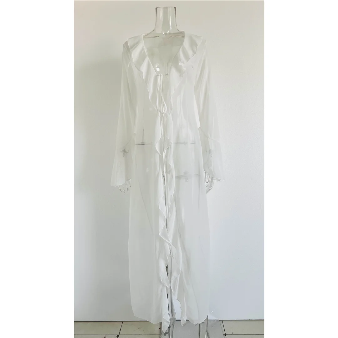 Neues, verführerisches Oberteil mit V-Ausschnitt, Rüschen und langen Ärmeln aus Chiffon, als Strandkleid oder als Überwurf, Strandmode, Damenmode, V5976. – Detail 26
