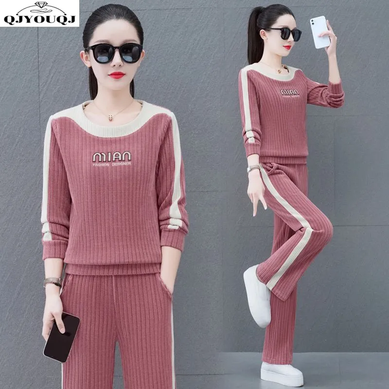 Fashion sports suit 2024 Spring and Autumn new style fashionable round neck casual wear top+straight leg pants two-piece set