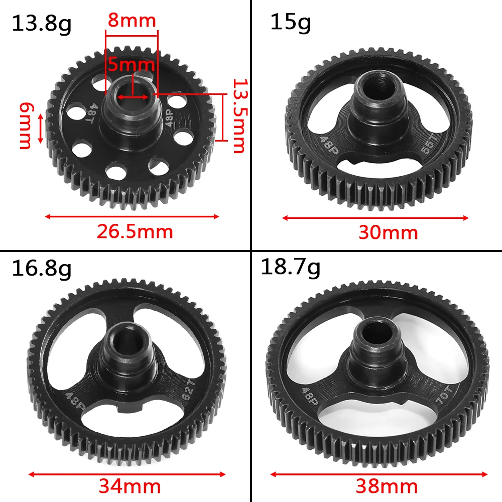 블랙 스틸 스퍼 기어 변속기 기어, TRAXXAS 1/10 4-Tec 2.0 3.0 RC 자동차 업그레이드 부품 액세서리, 48P, 48T, 55T, 62T, 70T