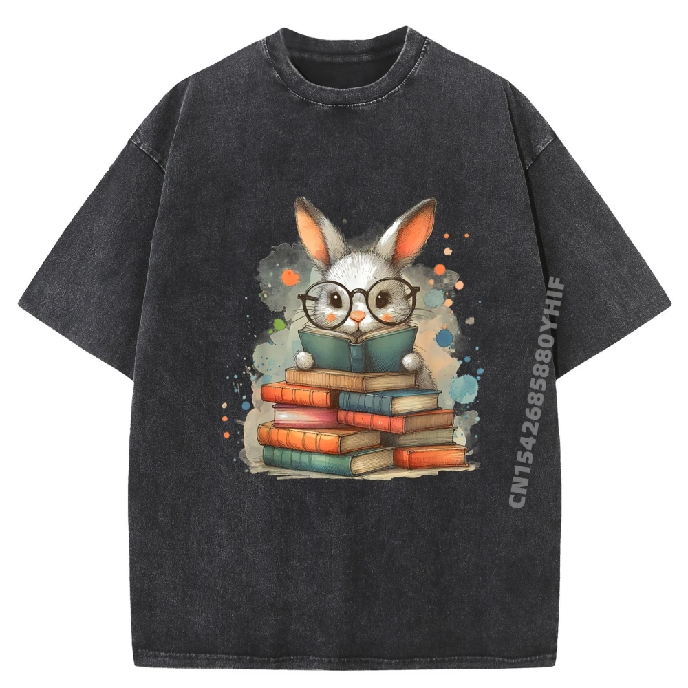 

Reading Bunny With Glasses Bookworm T-Shirt Discount Mens Tops Tees Funny Shirt Mens Retro Washed T-shirts