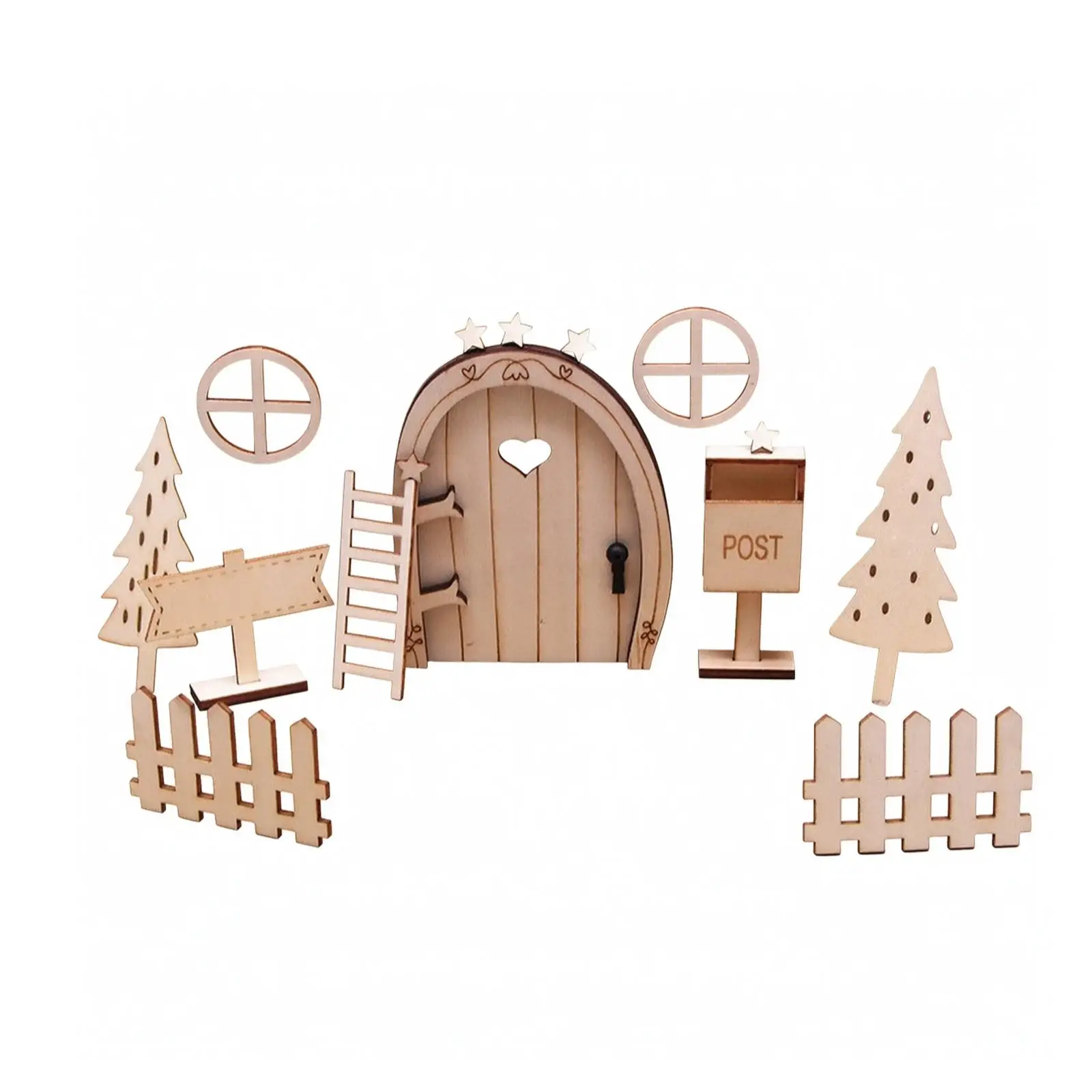 Fairy Garden Miniatures Wooden Door with Picket Fence Trees and Ladder for Dollhouse Decor Whimsical Tabletop Scene Props