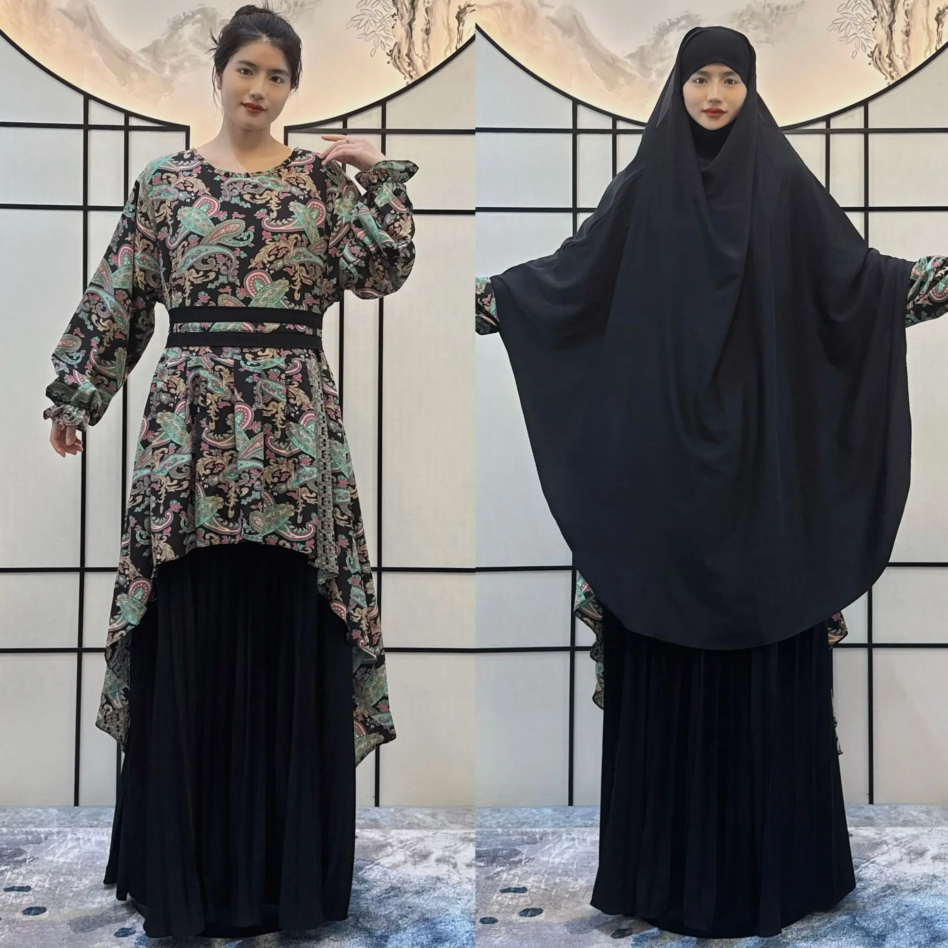 Eid Ramadán Jalabiya-Conjunto de 2 piezas para mujer, Abaya de oración para mujeres modestas, Khimar Hijab, vestido largo, caftán musulmán, traje de ropa islámica