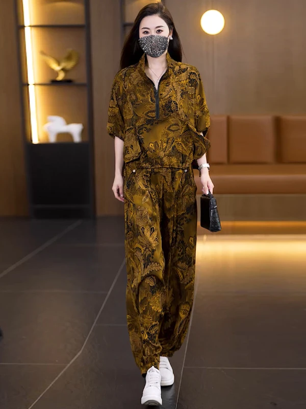 

Лето 202, новинка, большие размеры, дышащий модный комплект, свободный мясо, скрывающий комплект для поездок на работу, женский модный комплект, длинные брюки из полиэстера...