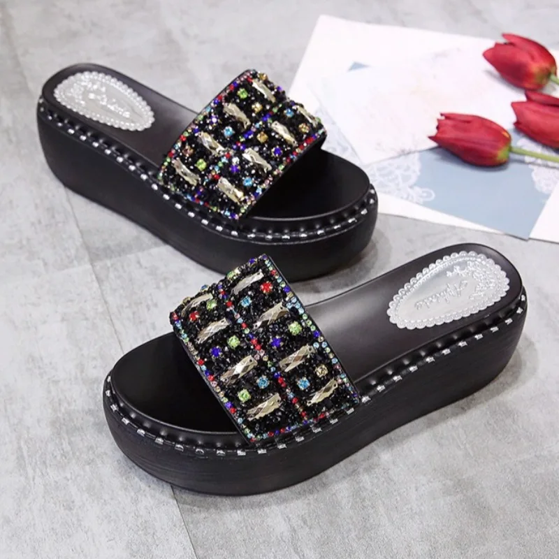 Women's Slippers Fashion Thick-bottomed Casual Slipper Luxury Rhinestone One Word Cool Slippers Non Slip Platform Beach Slippers