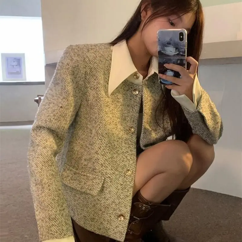 Korean Style Fake Two-Piece Plaid Short Coat with Shoulder Pads Original Size Elegant Loose Fit Ladies' Outerwear