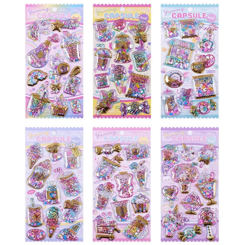 Kawaii Glittering 3D Cartoon Capsule Stickers Scrapbooking Waterproof Bubble PVC DIY Stickers Aesthetic Girls Gift