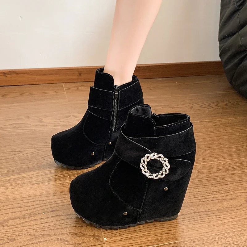 2024 Shoes for Women Ankle Women's Boots Platform Rome Boots Women Crystal Buckle Round Toe Side Zip High Wedges Shoes Female