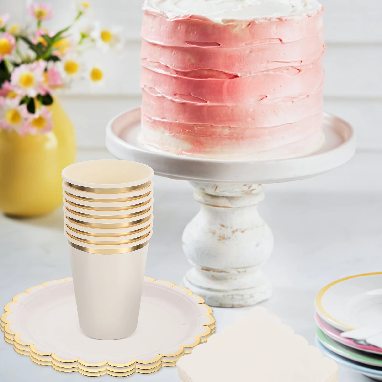 

Disposable Paper Plates Cups Set Napkins Party Supplies One Time Use Household Tableware Bright Color Practical Event Decor