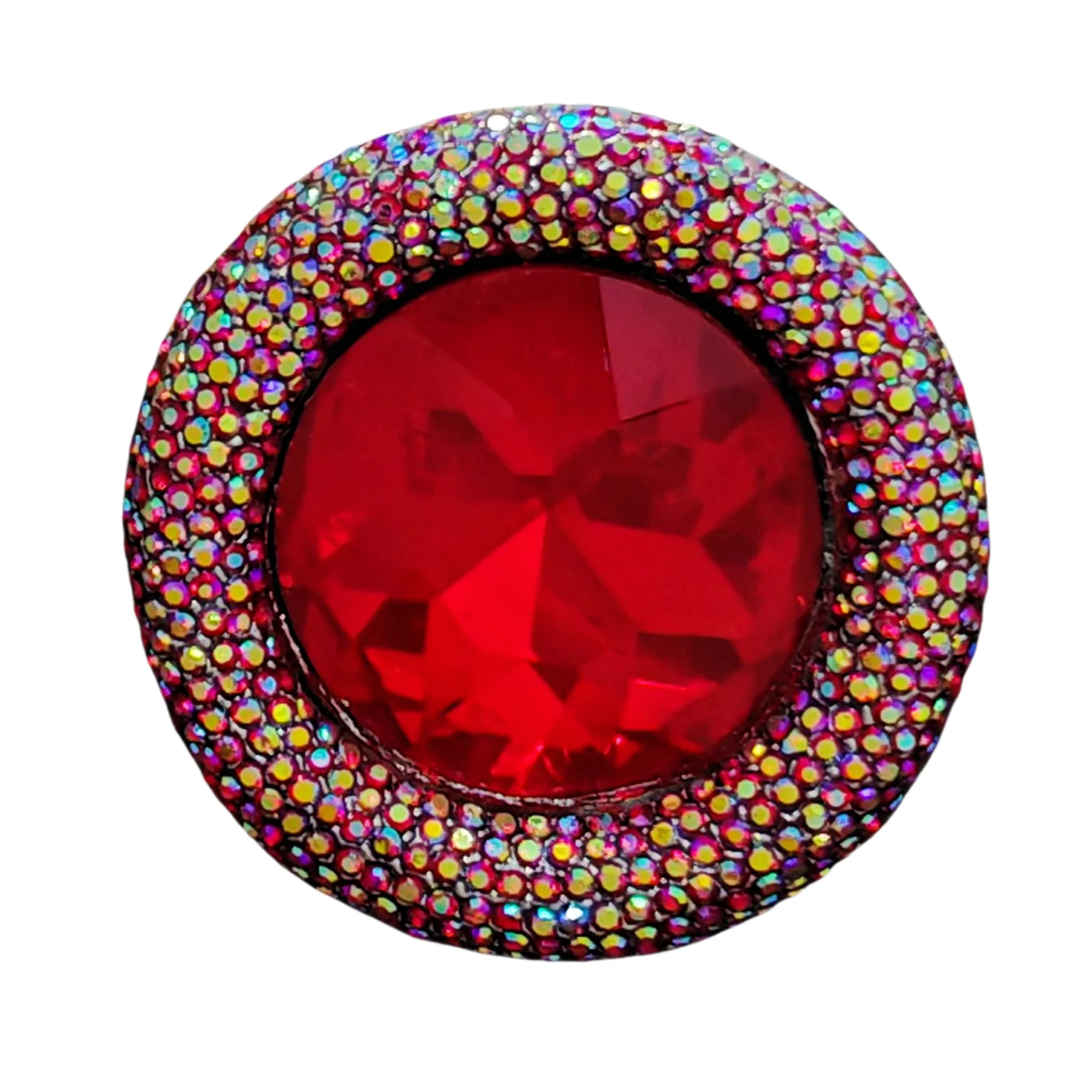 

Stunning AB Aurora Borealis Red Rhinestone Round Pin Brooch Vintage Statement Jewelry