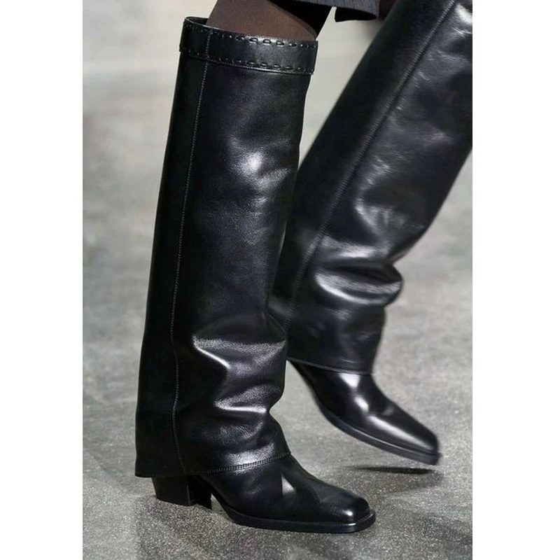 

Square Toe Thick Heel Knee High Skirt Boots Woman Winter 2026 Slip-On Stitching Chunky Heels Trousers Boots Fashion Boots