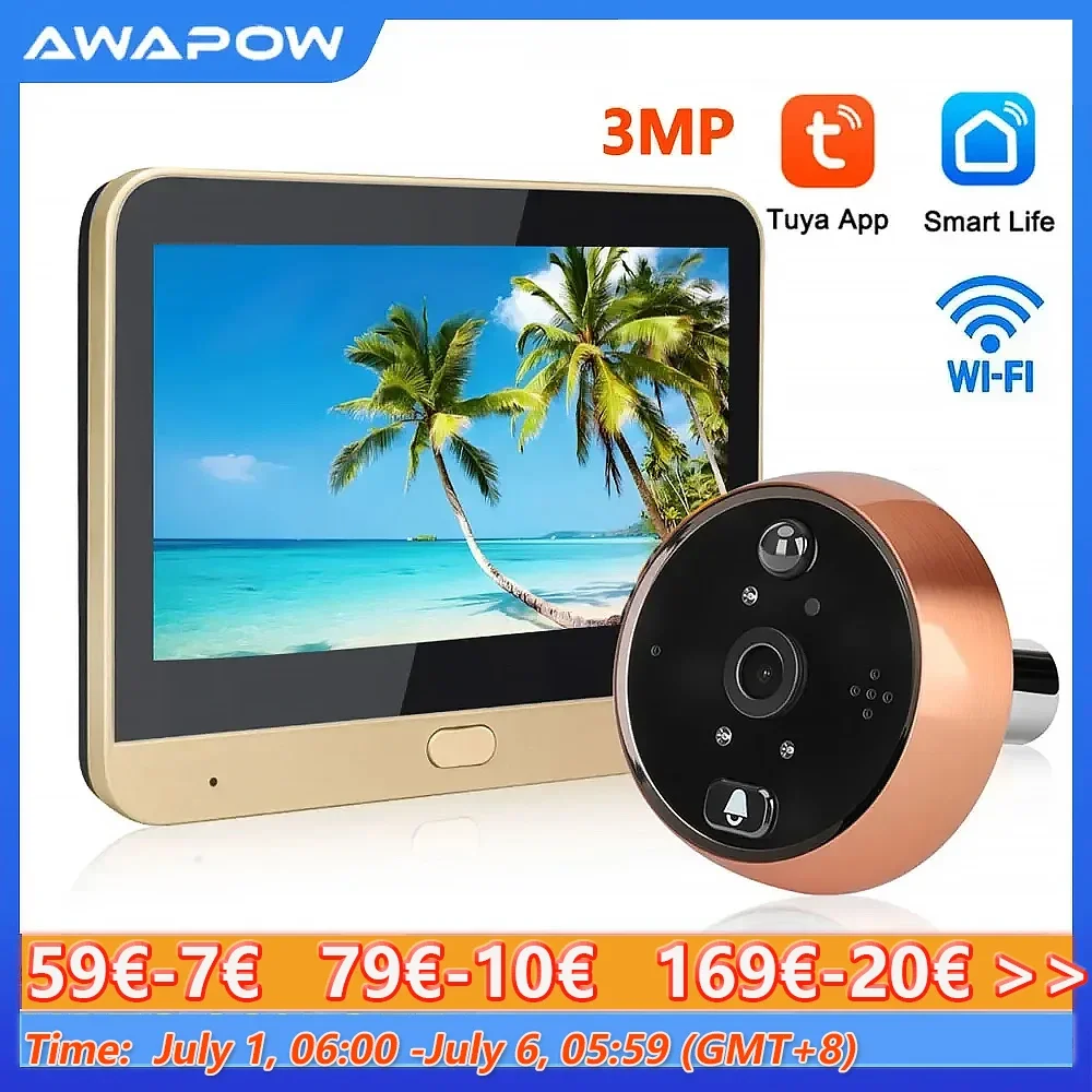 

Awapow 3MP Smart Tuya глазок видео дверной звонок Wi-Fi двусторонний домофон дверной глазок камеры 1080P HD PIR обнаружение для домашней безопасности