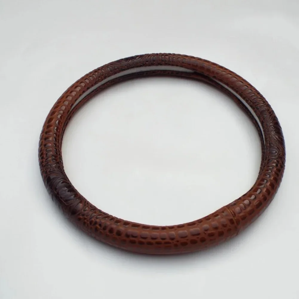 38cm Auto Steering Wheel Cover Universal Faux Leather Crocodile Pattern Car Steering Wheel Cover Anti-slip Black Brown