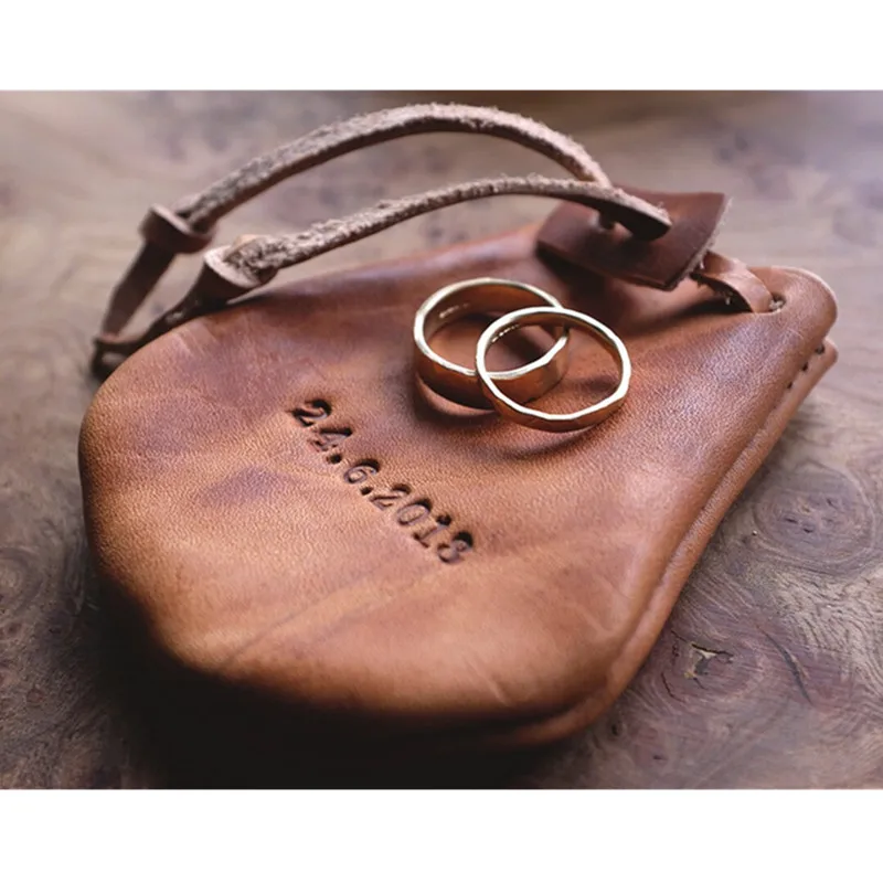 

Custom Brand Logo Text Leather Ring Pouch, Wedding Ring Holder, Coin Purse, Personalised Drawstring Pouch