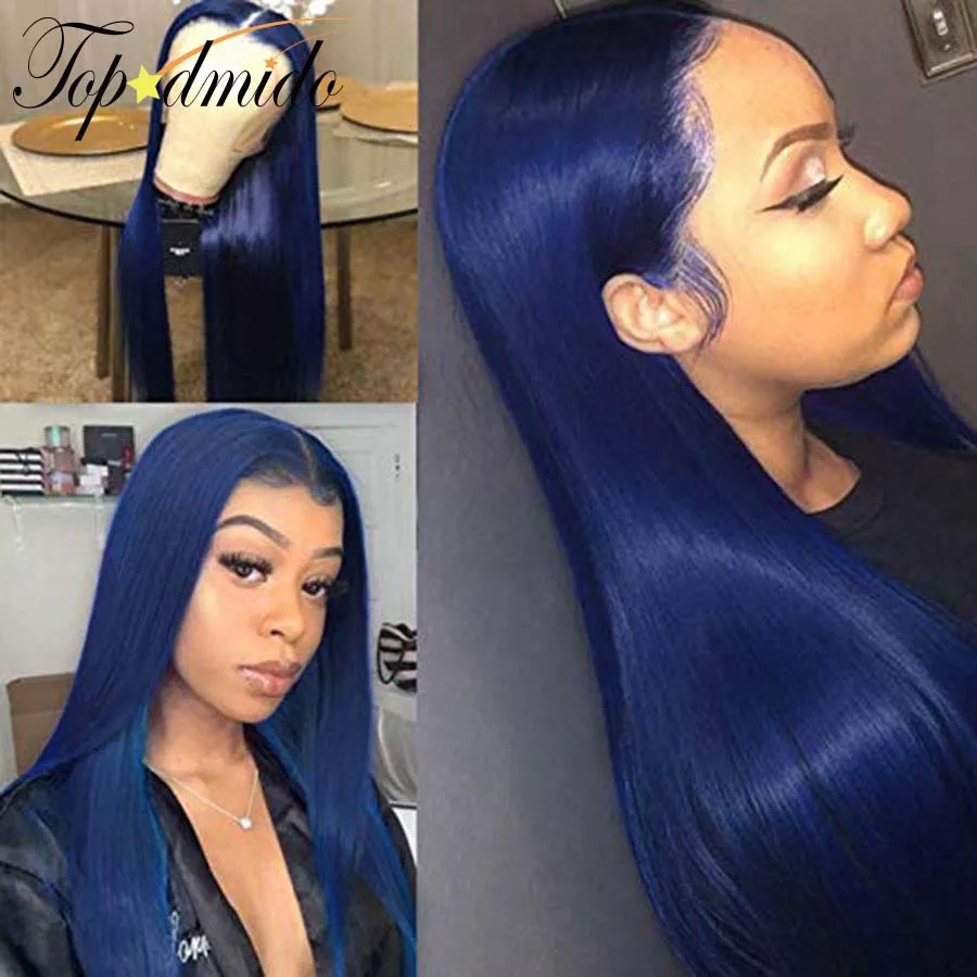 Topodmido Dark Blue Color 13x4 Brazilian Hair Wig with Baby Hair Remy Human Hair Transparent Lace Front Wig for Woman Glueless