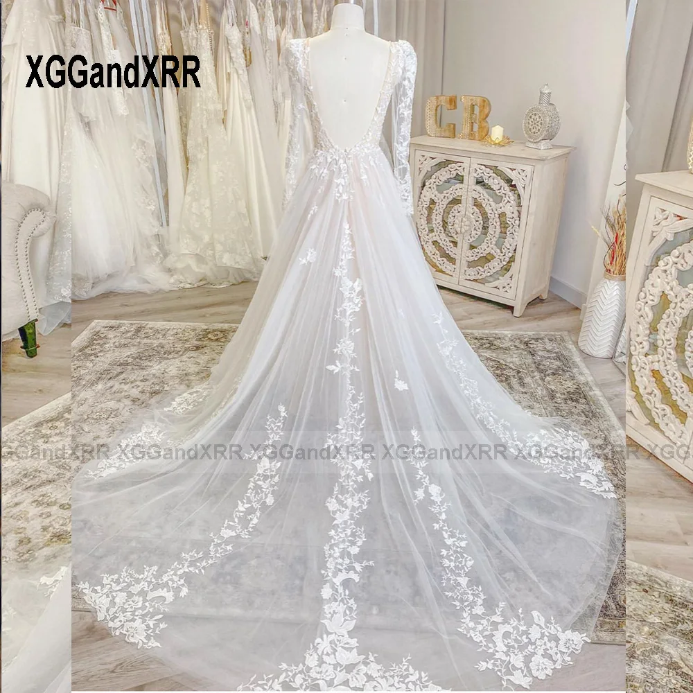 Vestido de novia de encaje con diseño de espalda abierta, vestido de novia Formal con escote en V, mangas largas, Espalda descubierta, apliques de tren de corte, 2023