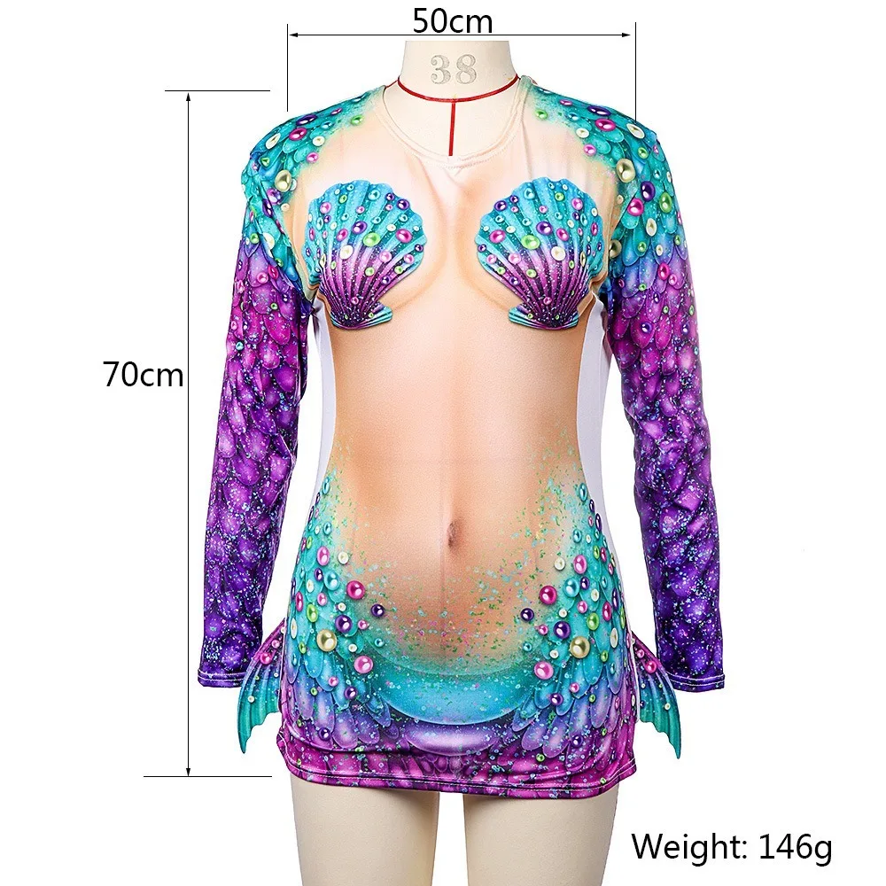 Carnival Halloween Party Adult One Size Printed COSPLAY Mermaid Ocean Shell Long Sleeve T-shirt halloween costumes for women