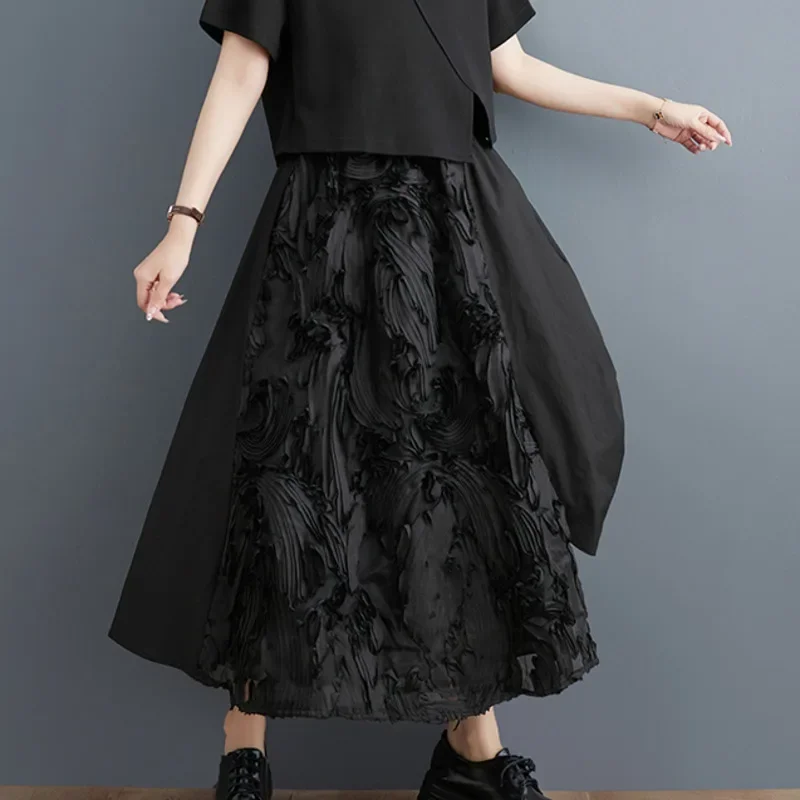 

Summer Black A-line Skirt Women Split Joint Midi Skirt Female Streetwear Hip Hop Irregular Skirts Womens Folds A-line