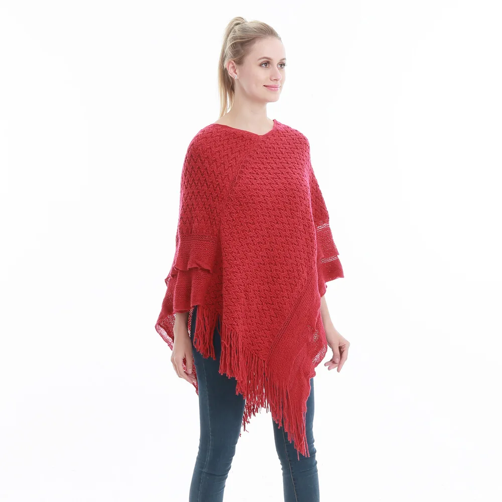 Spring Autumn Women Wave Pattern Pullover Cape Tassels Loose Fashion Street Poncho Lady Capes Red Cloaks