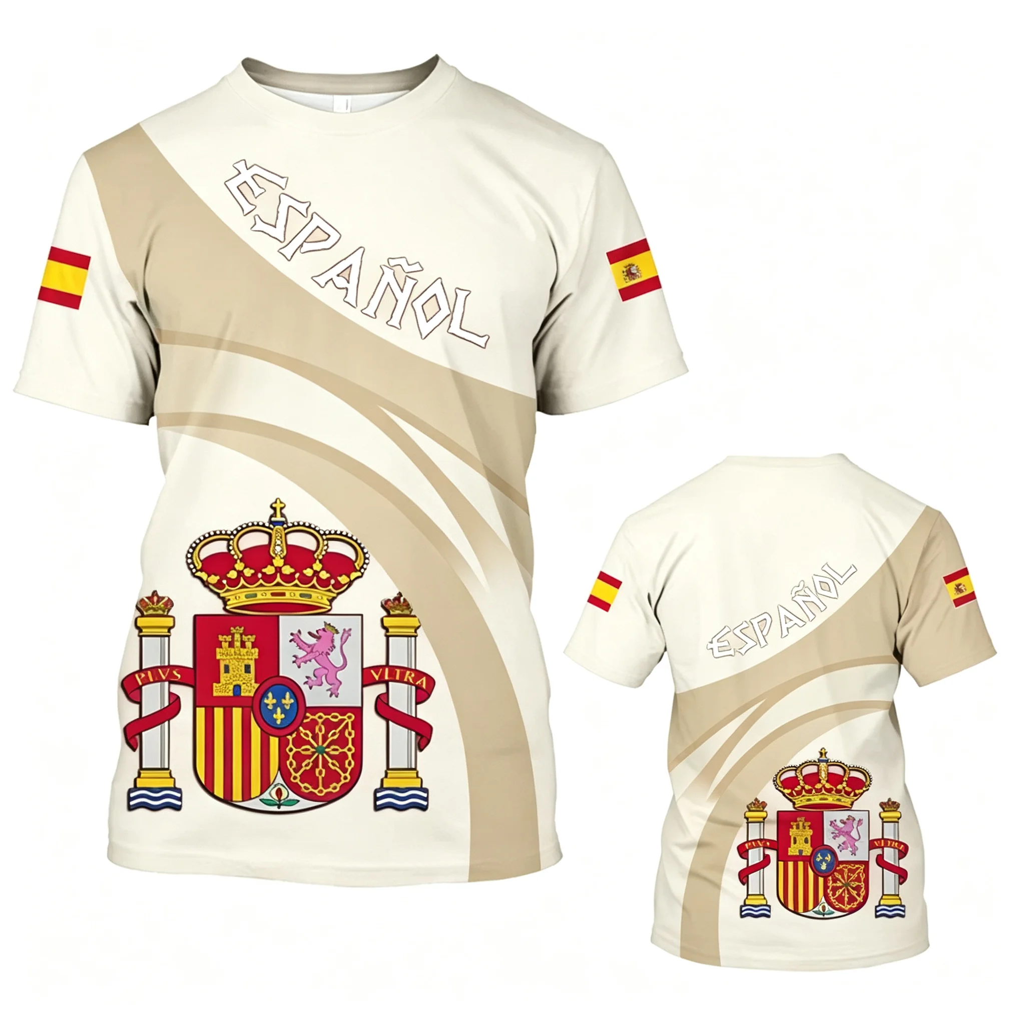 Spanish Themed Fan Short Sleeved Shirt, Retro National Emblem and Shield Full Screen Print, Unisex Breathable Sports T-Shirt