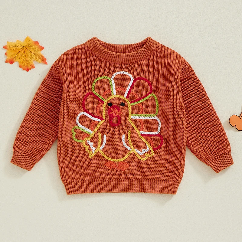 

Toddler Baby Boys Girls Thanksgiving Sweaters Size 0-3Years Turkey Long Sleeve Crew Neck Ribbed Knitted Pullover