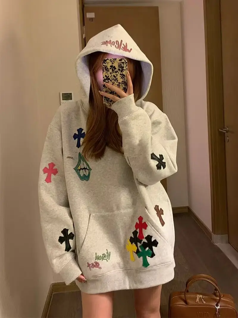 Hoodie Embroidered Colorful Cross Spring And Autumn Women\'S 2024 New Popular Lazy Style Loose Plus Velvet Pullover Sweatshirt