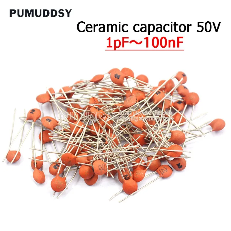 Condensador cerámico de 100 piezas, 50V, 1pF ~ 100nF, 0,1 uF, 104, 4.7PF, 10PF, 22PF, 33PF, 47PF, 100PF, 101, 220PF, 10NF, 330PF, 470PF, 1NF, 103,