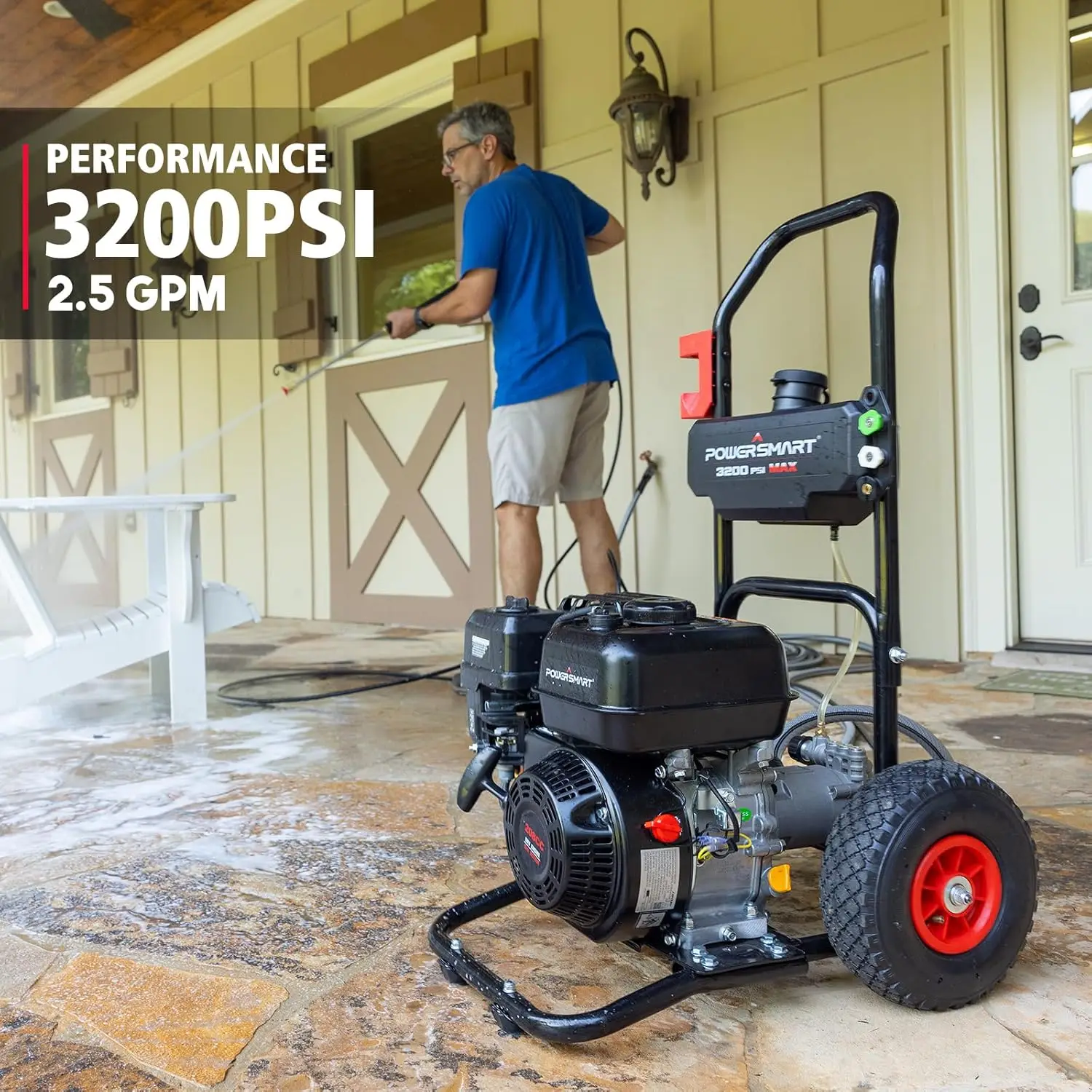 Gas Pressure Washer 3200 PSI 2.5 GPM 4500W 208cc with Onboard Soap Tank Metal Spray Wand 5 Nozzle Set for Cleaning