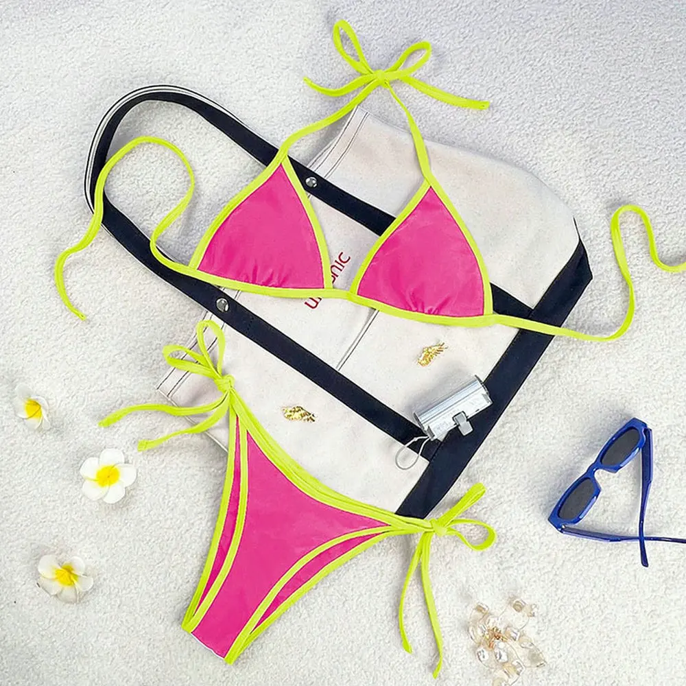 ชุดบิกินี่วินเทจสีน้ำเงิน ทรงสามเหลี่ยม สายผูก ชุดว่ายน้ำแบบดันทรง เปิดหลัง บิกินี่สุดเซ็กซี่ ชุดชายหาดสำหรับผู้หญิง ชุดว่ายน้ำ