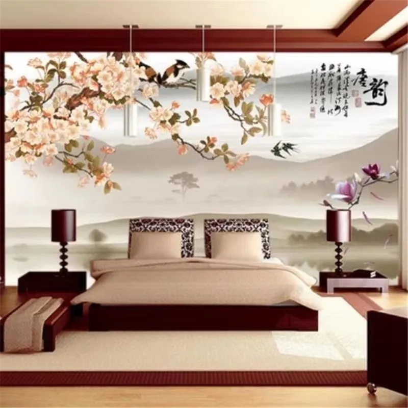 

Обои на заказ, 3d фреска, элегантный персик, новая китайская ручка с ручной росписью, цветы и птицы, ТВ-фон, обои, домашний декор