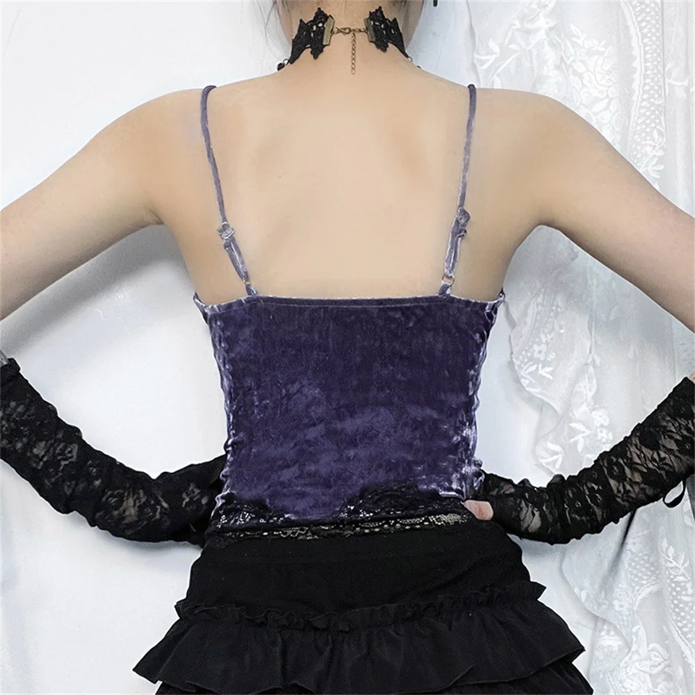 Gothic Purple Velvet Lace Trim Corset Crop Top Camisole Sexy Aesthetic Backless Spaghetti Strap Tank Top For Women Camis Vest