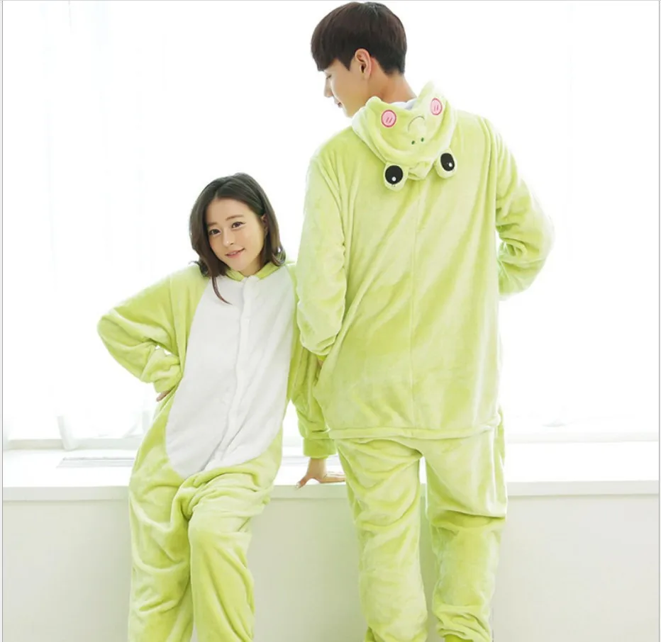 Winter Women Flannel Thermal Pajamas Kigurumi Cartoon Frog Cosplay Animal One-piece Pajamas Onesie Kawaii Hooded Loungewear