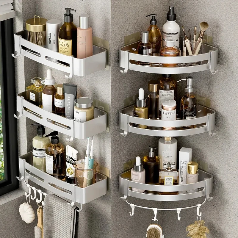 

Bathroom Shelves No Drill Shampoo Storage Rack Wall Mounted Shower Corner Shelf Space Aluminum Kitchen Organizer Rack