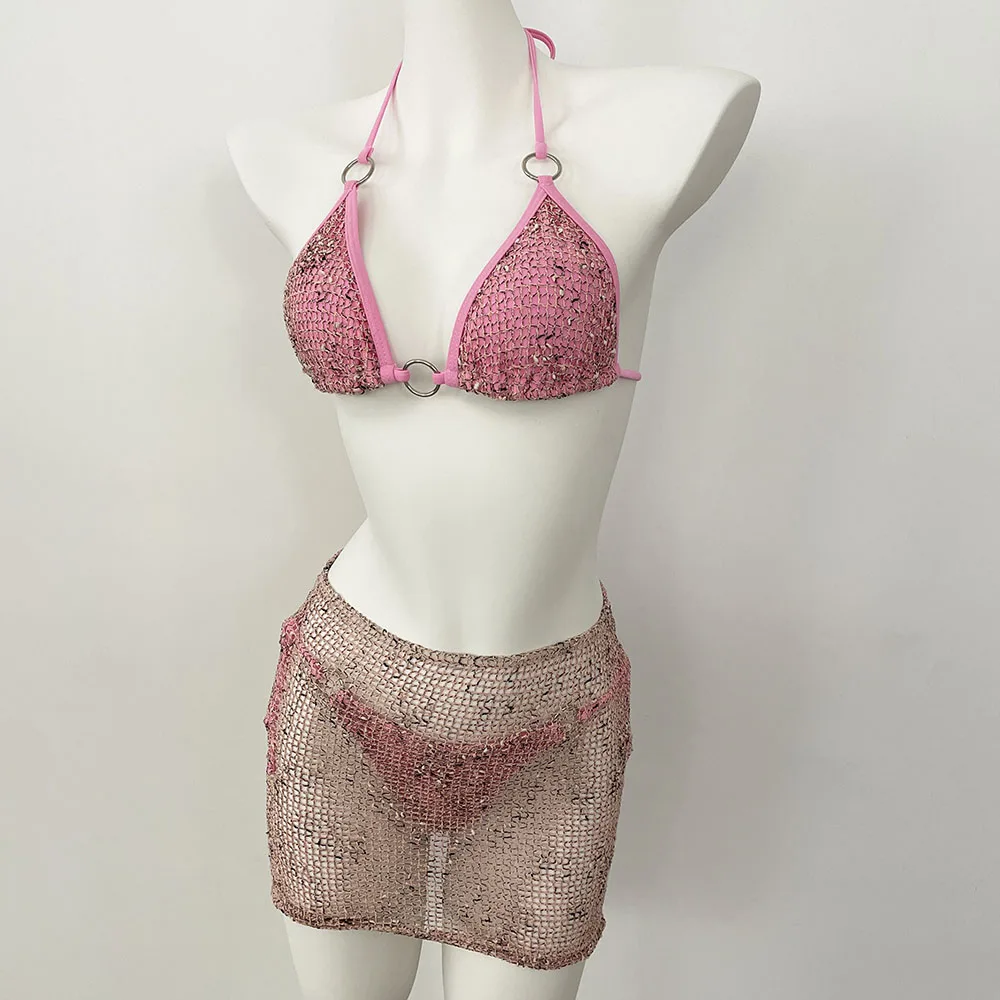 DEBAIOR 3 個ビキニセットプッシュアップビキニセクシーな女性水着光沢のあるスカート女性水着プリント水着ビーチウェアカバーアップ