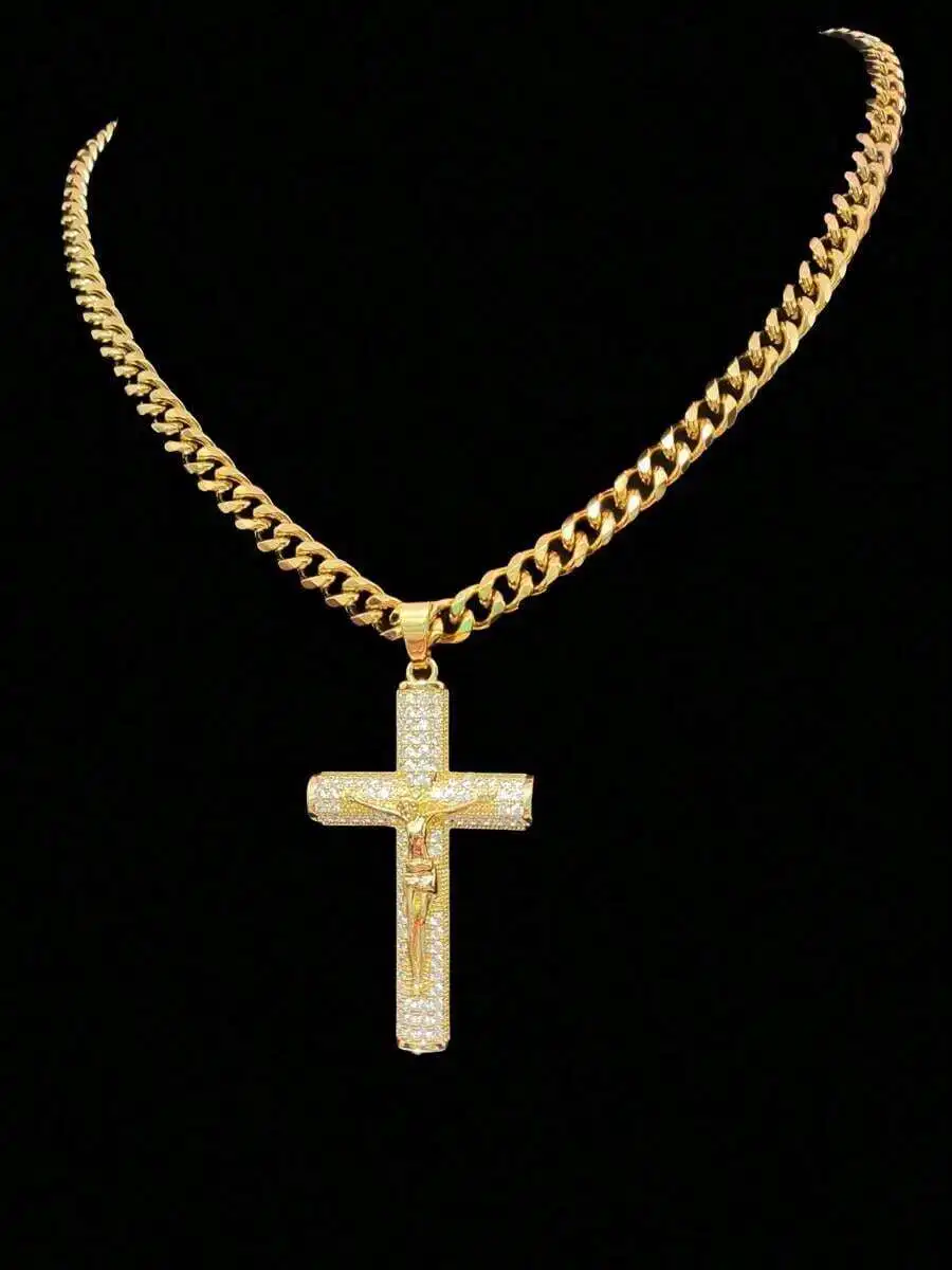 

Cubic Zirconia Jesus Cross Pendant With Stainless Steel Curb Chain For Men And Women