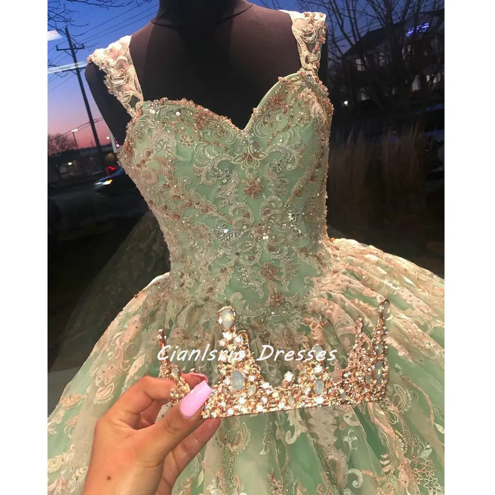 Hortelã verde beading cristal mexicano quinceanera vestido de baile fora do ombro apliques rendas corset vestidos xv anos