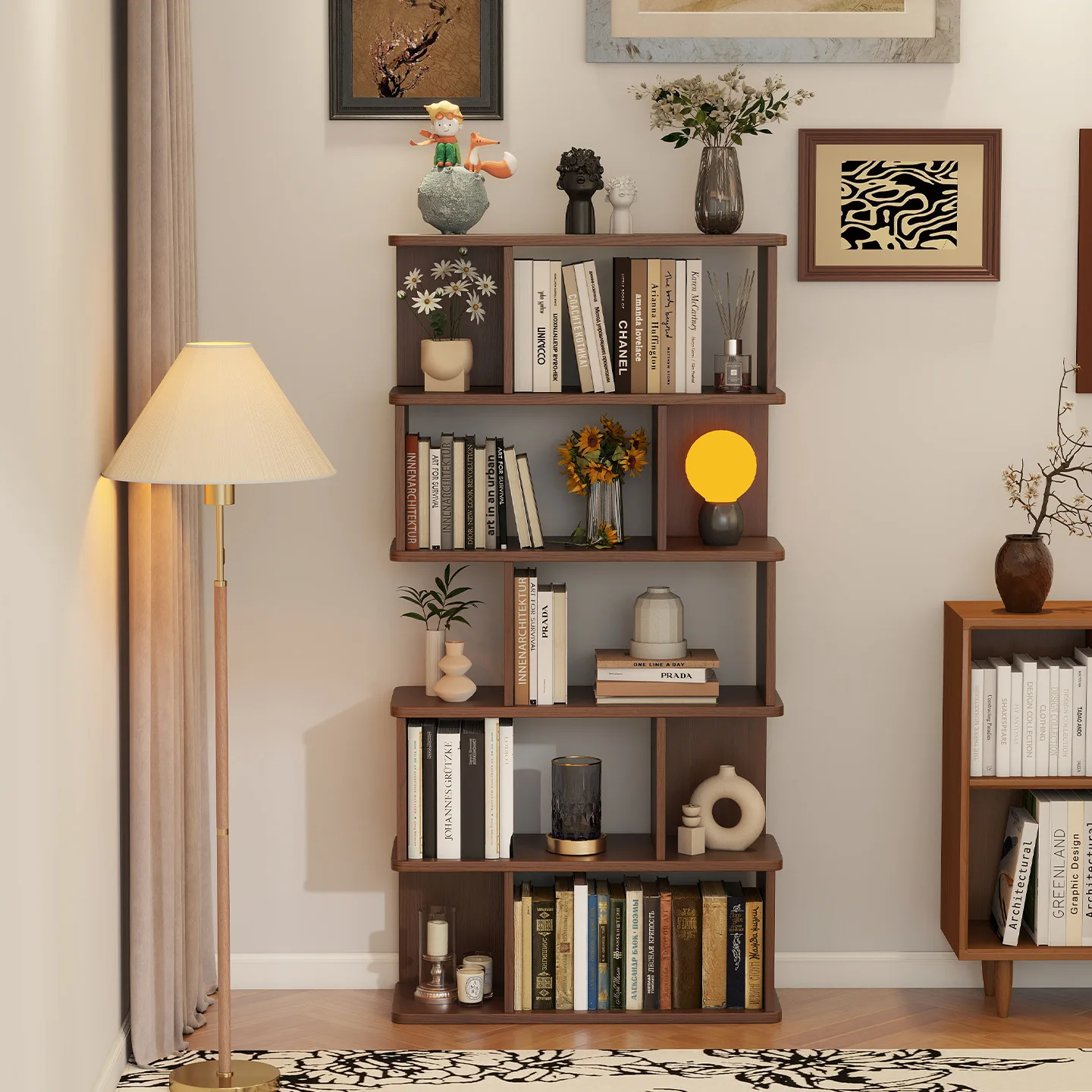 Bookcase Wood Shelf - 無垢材の床から天井までの本棚、リビングルーム用多層収納ラック、壁に沿った棚、本棚