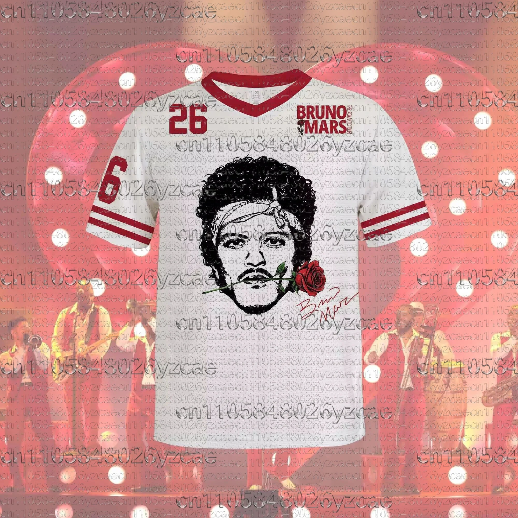 Bruno Mars The Romantic Tour 2026 Nummeriertes Fußballtrikot mit Vintage-Rose-Grafik, Kurzarm-Retro-Konzert-Oberteil für Erwachsene – Detail 4