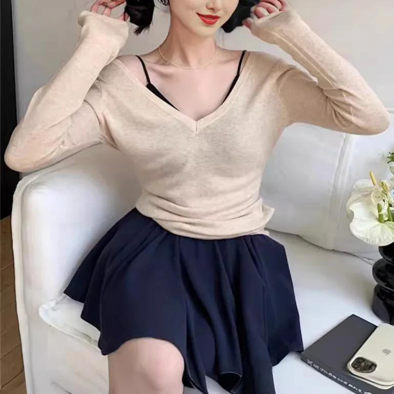 7162 Ballet elegante ~ otoño nuevo estilo de niña Pure Desire cuello en V profundo Top de punto ajustado de Cachemira suave