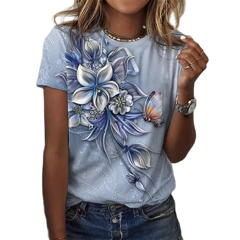 2024 New T Shirt For Women Girls Clothes Fashion 3D Flower Print Female Short Sleeve Summer Women's T-shirt Plus Size Tops Tees