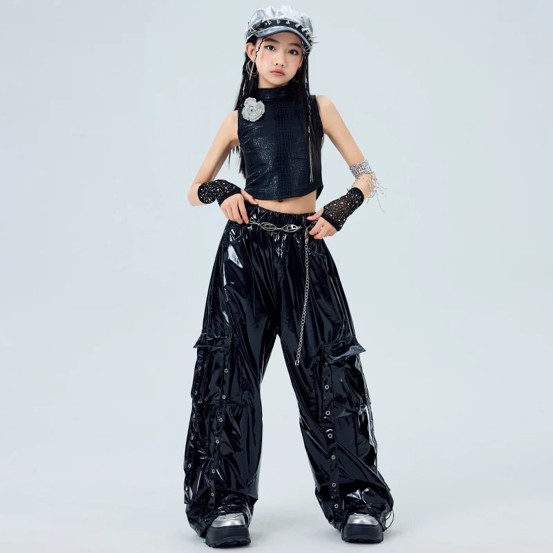 Black Jazz Dance Outfit Trendy Suit For Girls Kpop Stage Costume Summer Vest Hip Hop Trousers Children Street Dance Clothes 2068
