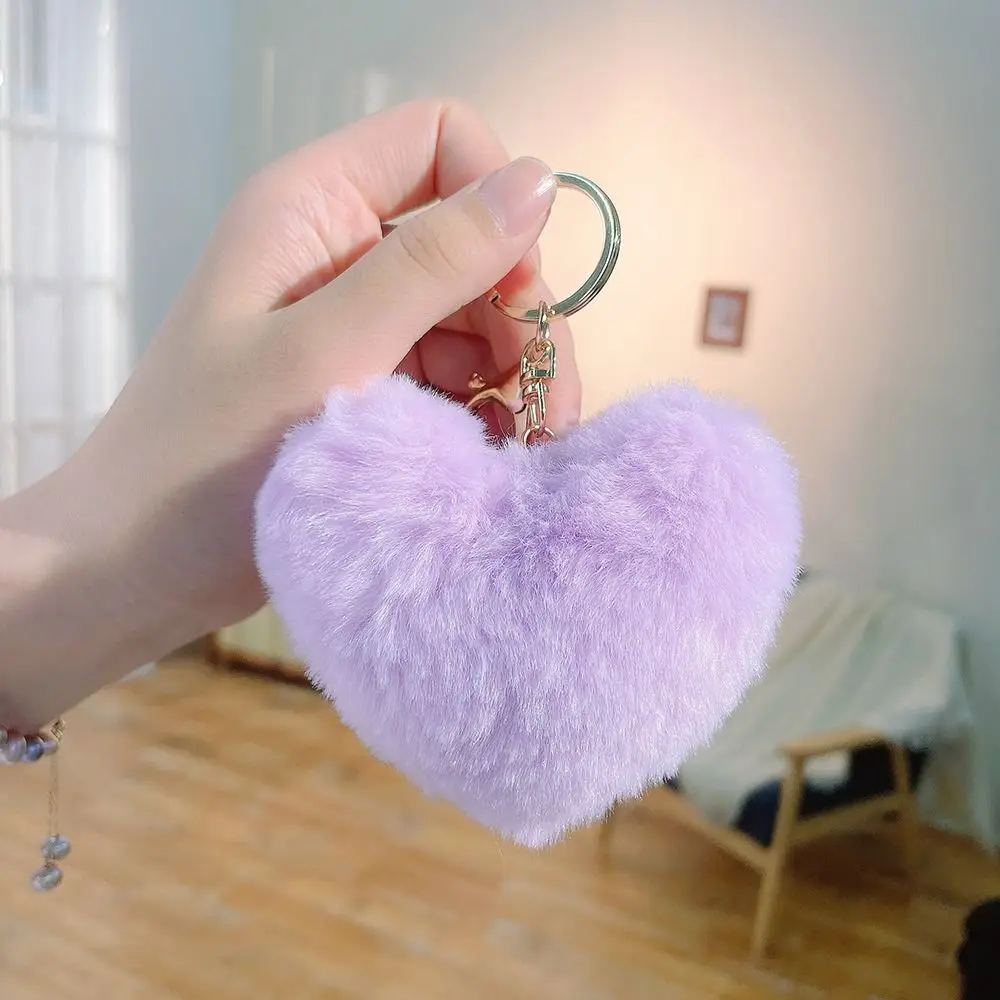 Cute Love Heart Plush Bag Pendant Imitation Rabbit Fur Fluffy Ball Key Chain Bag Accessories Solid Color Car Key Ring